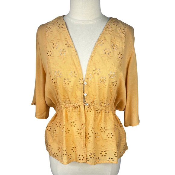 Versona Embroidered Button Front Top Womens Medium Yellow - Picture 1 of 7